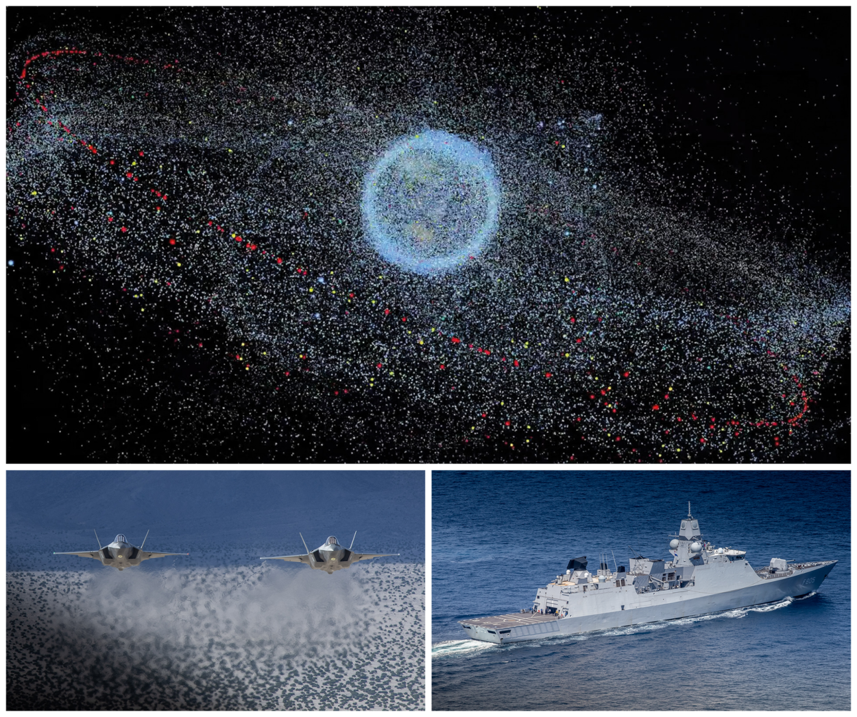 Foto een: vanuit de ruimte een beeld van een wazige aarde met daaromheen ruimtepuin. Het tweede beeld met twee F-35’s in de lucht met op de achtergrond een felblauwe lucht. En op foto drie het luchtverdedigings- en commandofregat Zr.Ms. Evertsen.