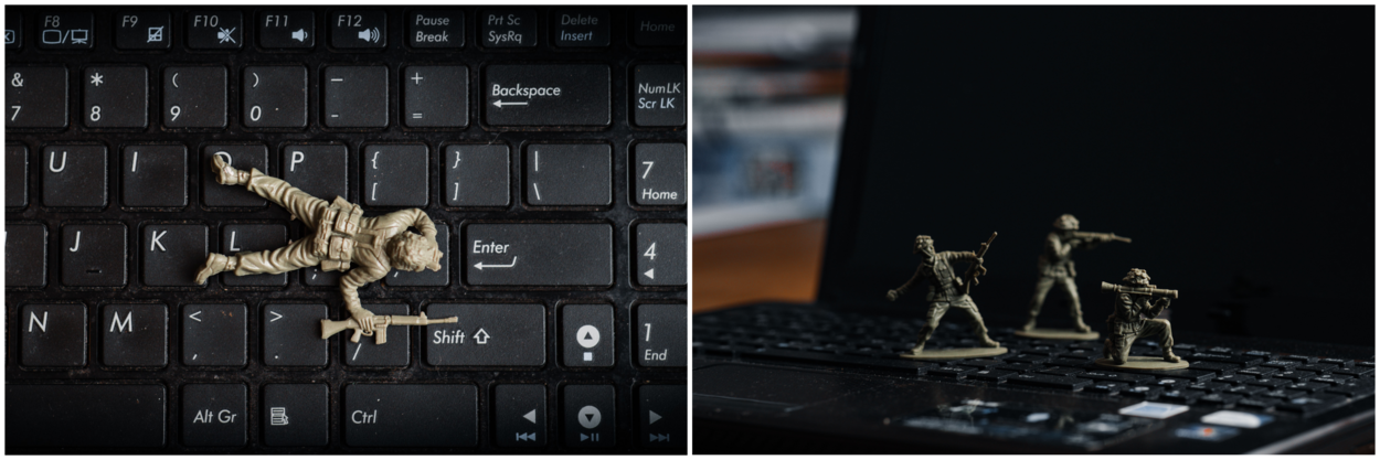 Een toetsenbord met daarop speelgoedsoldaatjes.