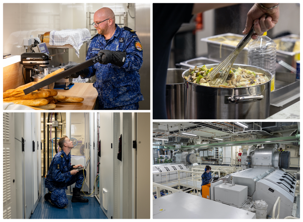 fotocompilatie van bemanningsleden die aan het werk zijn in de machinekamer, kombuis, bakkerij en IT-ruimte.