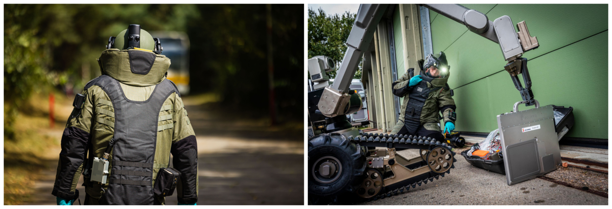 EOD-personeel in speciaal bompak onderzoekt een verdacht pakketje op de aanwezigheid van explosieve stoffen.