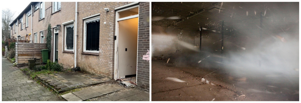 Beelden van een beschadigde gevel van een huis na een explosie. Plus beeld van een explosie maar dan van binnenuit.