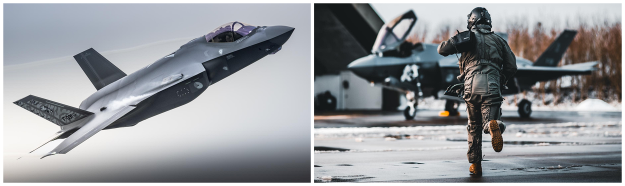 Twee foto’s van een F-35. Links tijdens de vlucht, rechts rent een vlieger naar zijn toestel.