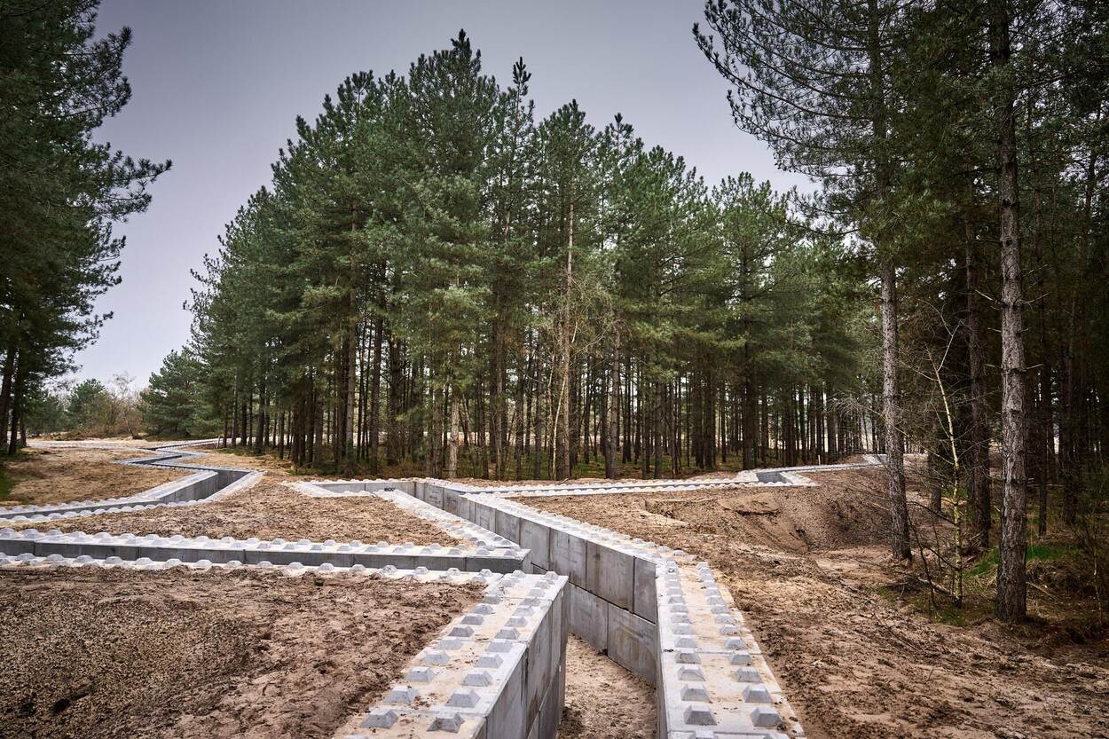 Met betonnen bouwstenen is een loopgravenstelsel aangelegd in een bos.
