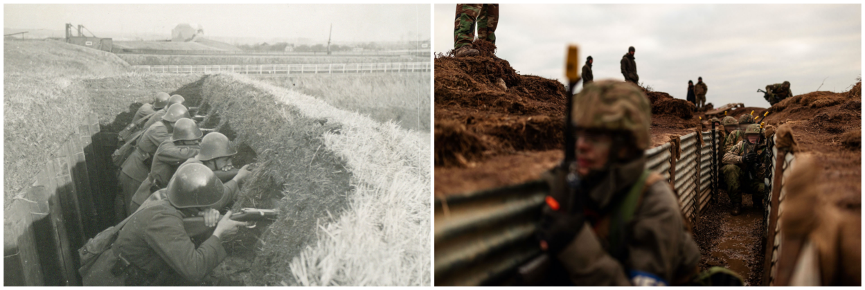 Links een zwart-foto van Nederlandse militairen met hun wapens in een loopgraaf vlak voor de Tweede Wereldoorlog. Rechts Oekraïense militairen in actie in een loopgraaf.