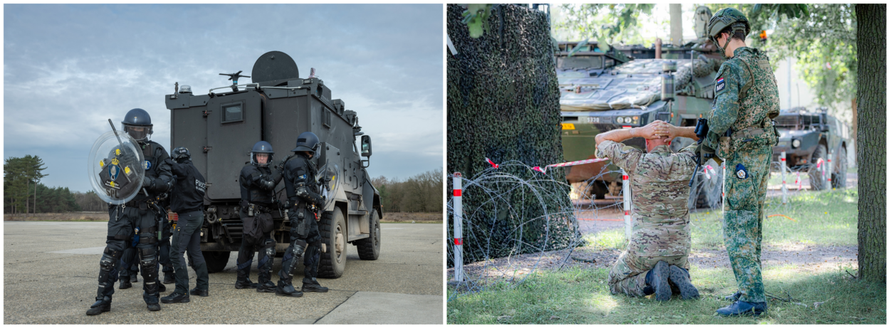 Linkerfoto marechaussees in beschermende ME-kleding bij een gepantserd voertuig. Rechterfoto een collega van de Militaire Politie staat bij een krijgsgevangene die op zijn knieën in het gras zit met de handen achterop zijn hoofd.