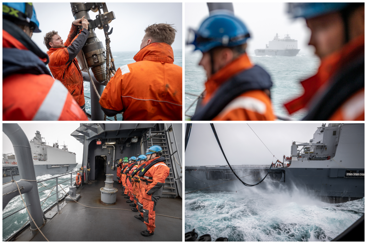 De Doorman tankt de Johan de Witt op een onstuimige zee.