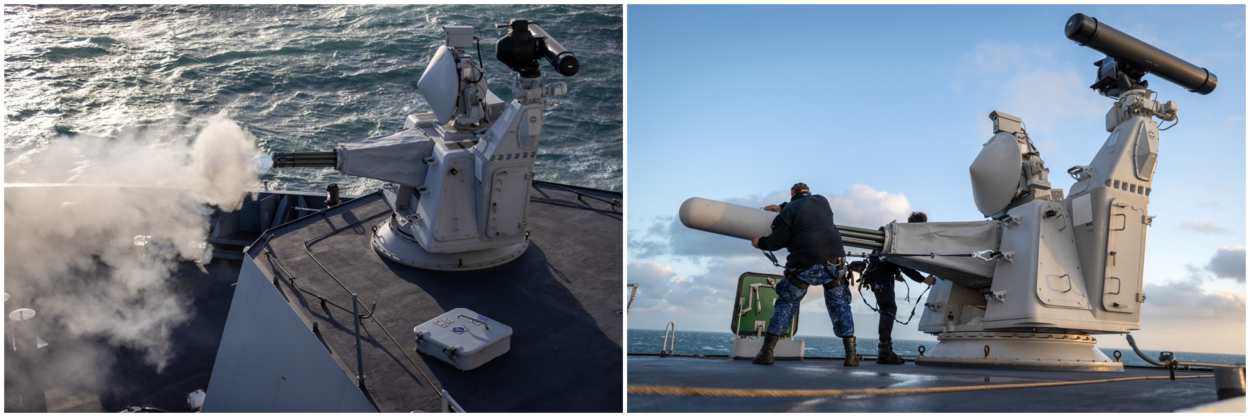 Een schietende Goalkeeper op een marineschip.