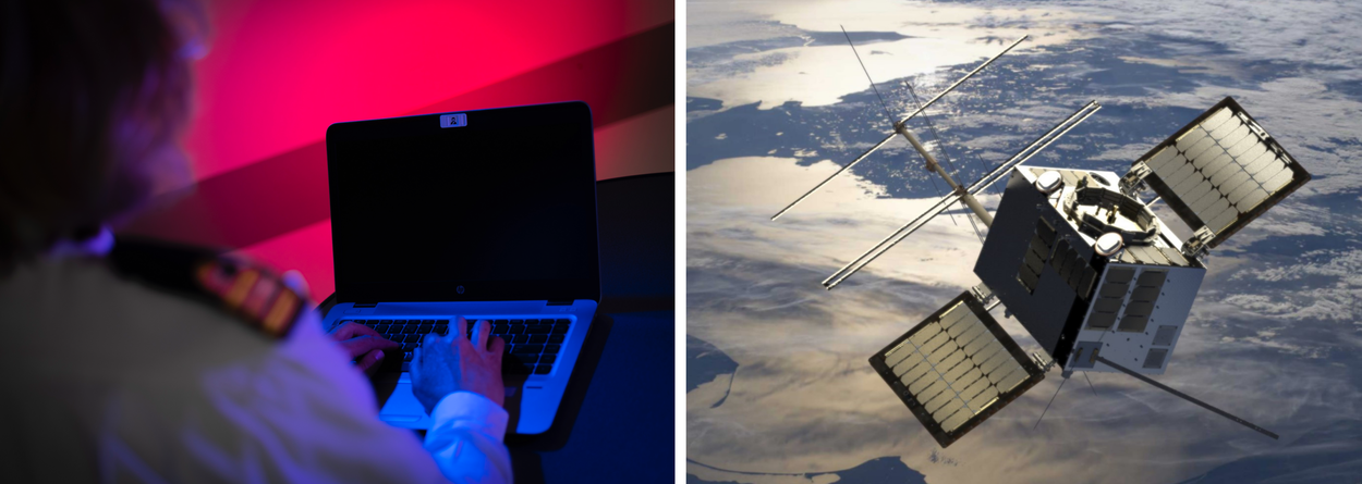 Een marinevrouw achter een laptop en een satelliet in de ruimte.