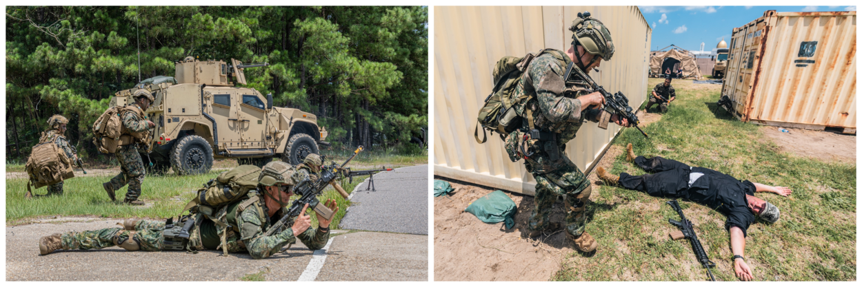 Links: mariniers liggend en lopend met een voertuig op de achtergrond. Recht: een marinier heeft in een oefendorp een oefenvijand uitgeschakeld.