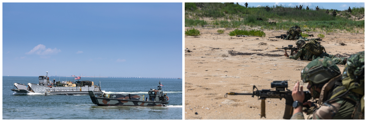 Links: een Amerikaans en Nederlands landingsvaartuig varen naar de kust. Rechts: mariniers liggen in schietpositie op het strand.