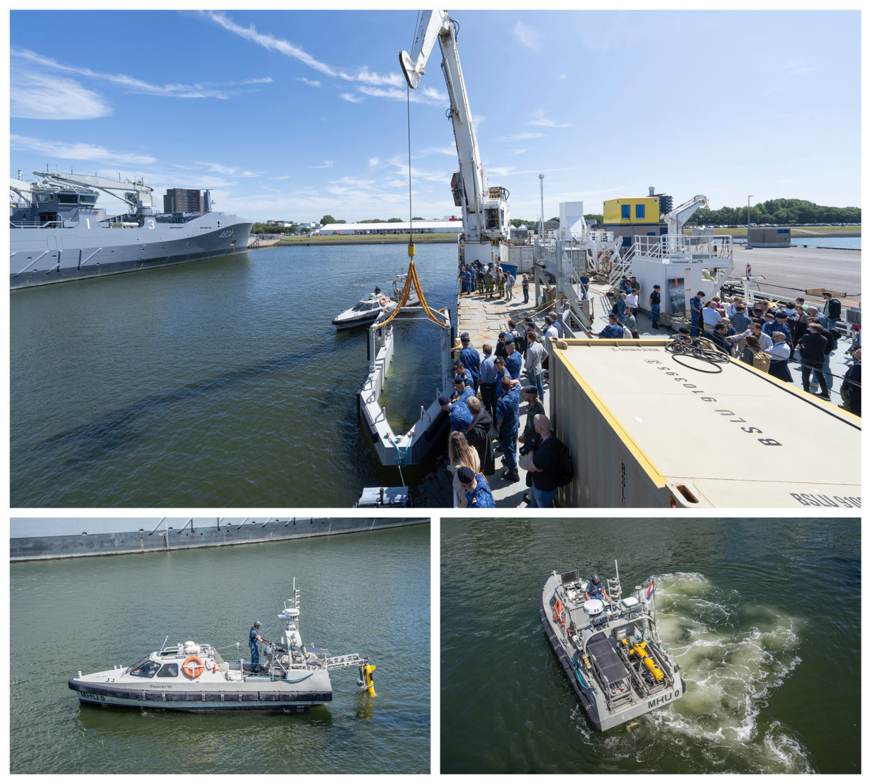 Een klein vaartuig met achterop een gele onderwaterdrone. Een kraan houdt een platform in het water waarin dit bootje weer kan aanmeren.