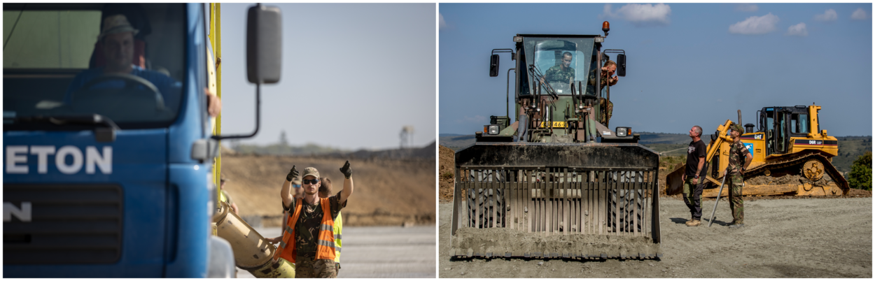 Nederlandse Defensie- en burgermachines in actie op een legerbasis in Roemenië.