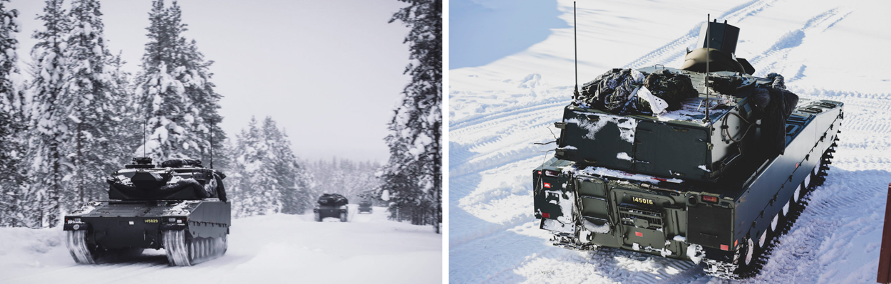 Voertuigen rijden in Zweden in de sneeuw.