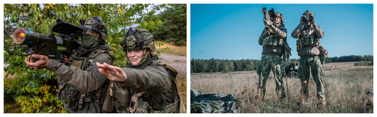 Twee militairen met een Stinger anti-luchtdoelwapen richten in de lucht op zoek naar de vijand.