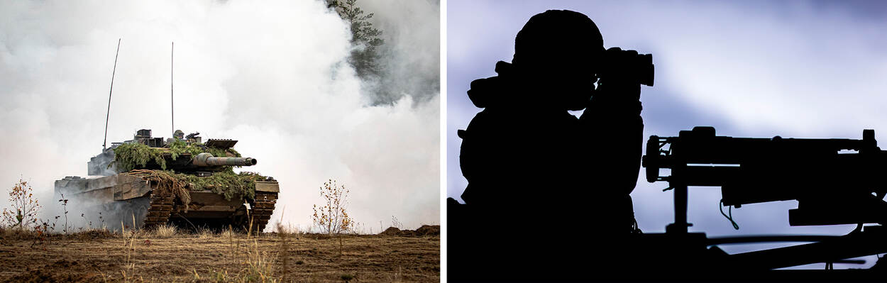 Een foto van een tank en rook op de achtergrond. En een foto van een infanterist die door een kijker kijkt.