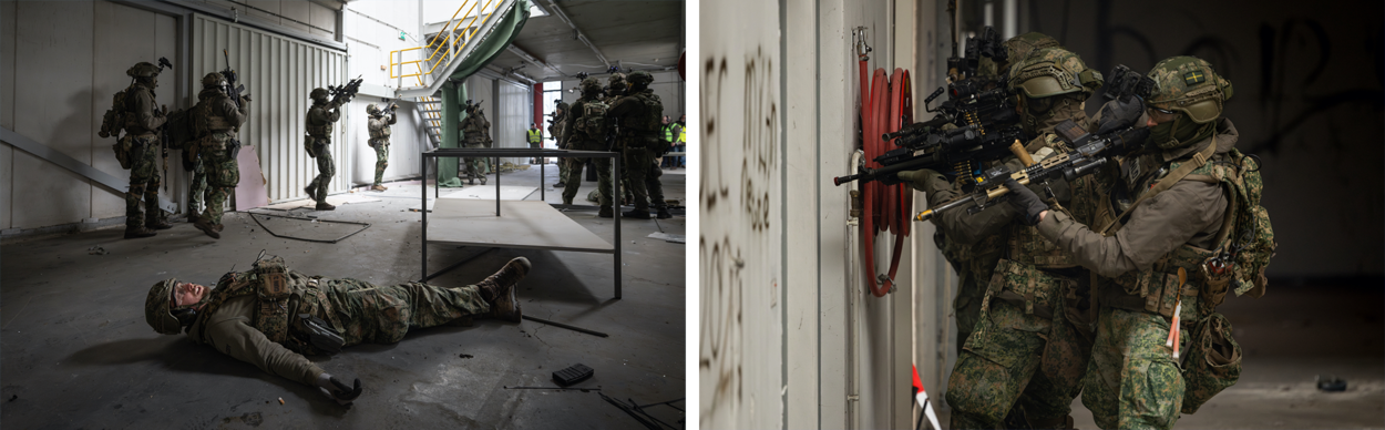 Militairen checken alle hoeken en gaten in het gebouwen om eventuele gevaren te elimineren.