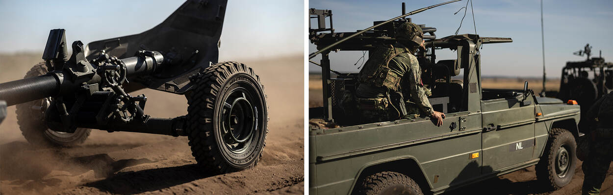 Voertuigen met daarachter de 120mm mortier.