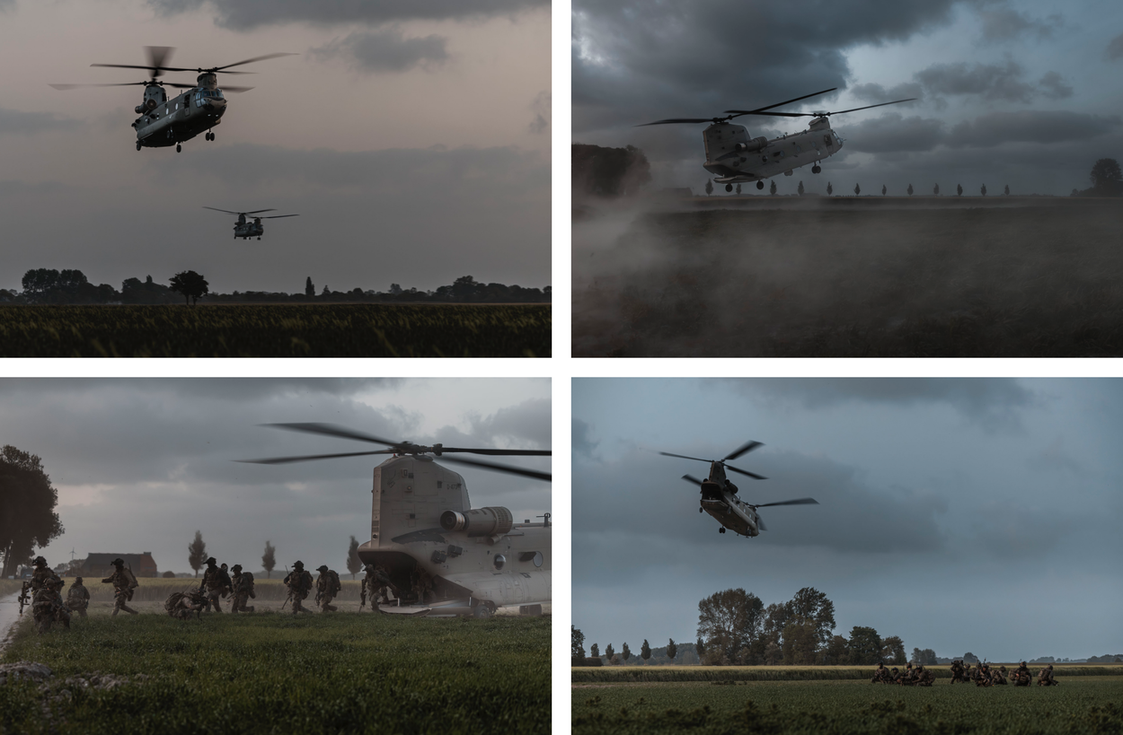 De aankomst van de twee Chinooks tijdens de invallende duisternis. Ze zitten bij elkaar als de toestellen over hun hoofden vertrekken.