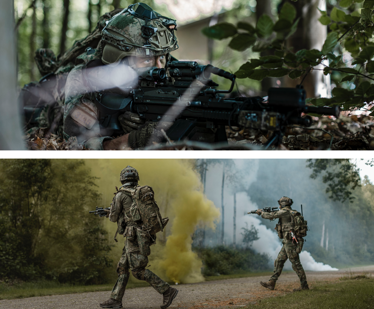 In het bos kiezen de Nederlandse militairen positie voor een aanval op MC Norg. Dat gaat gepaard met flink wat rook.