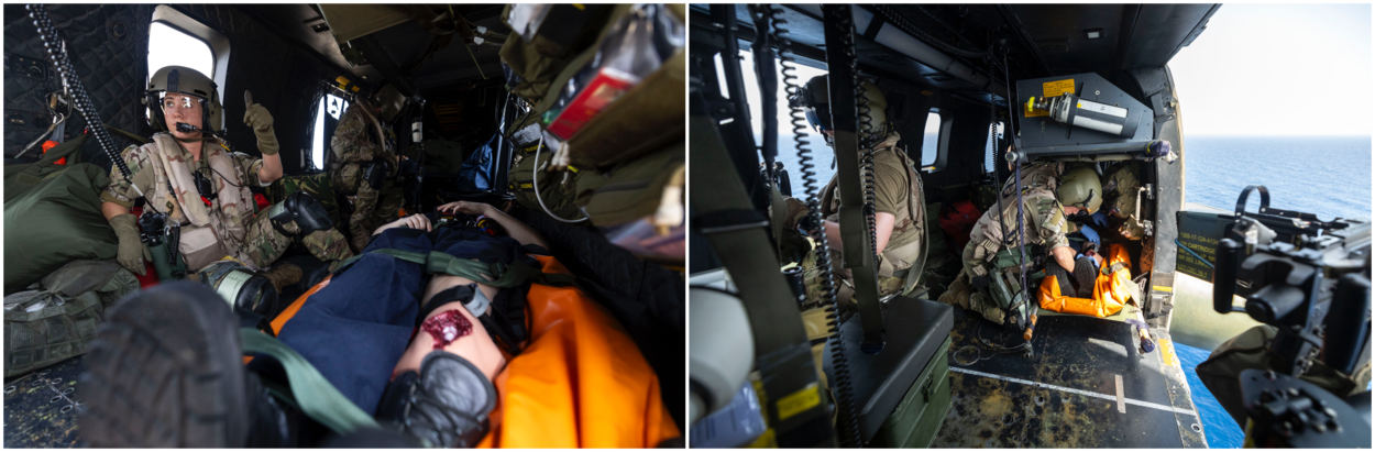 Flightnurses behandelen aan boord van de vliegende heli een oefen-gewonde.