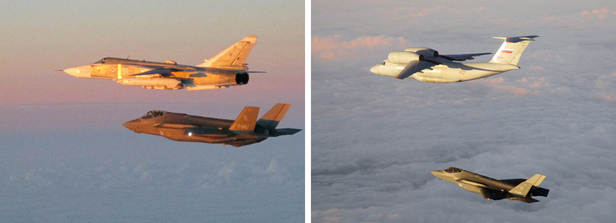 Foto links: Een F-35 onderschept een Russische Su-22. Foto rechts: Een Nederlandse F-35 onderschept een Russische An-72.