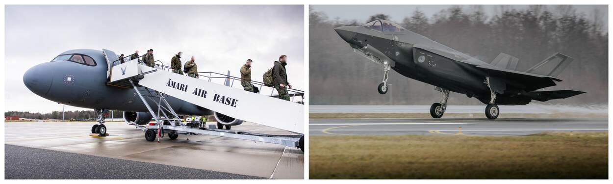 Luchtmachtpersoneel loopt een vliegtuigtrap af en een F-35 landt op een vliegbasis.