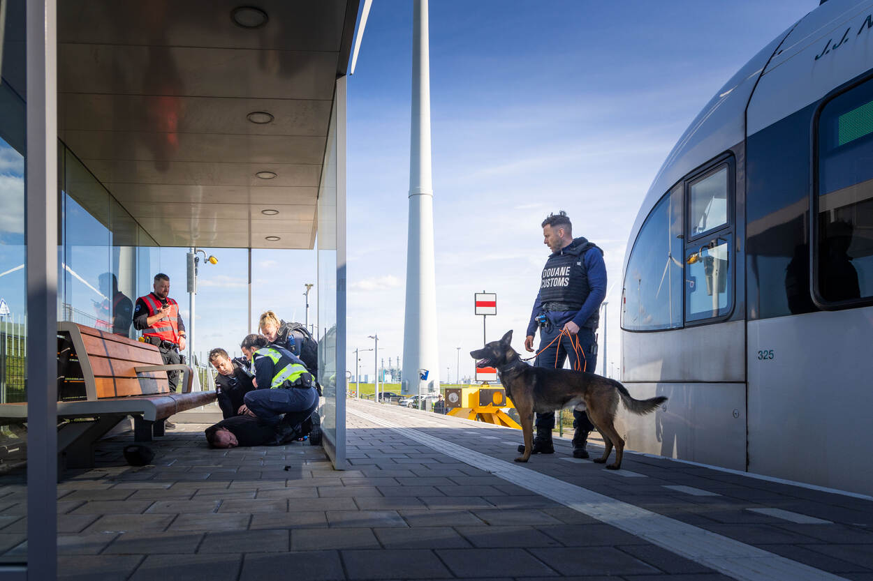 Een douanebeambte kijkt met zijn bewakingshond toe hoe marechaussees een man boeien op station Eemshaven.