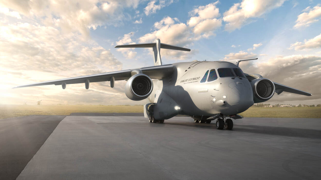 Illustratie van de toekomstige Embraer C390M in de kleuren van de Koninklijke Luchtmacht