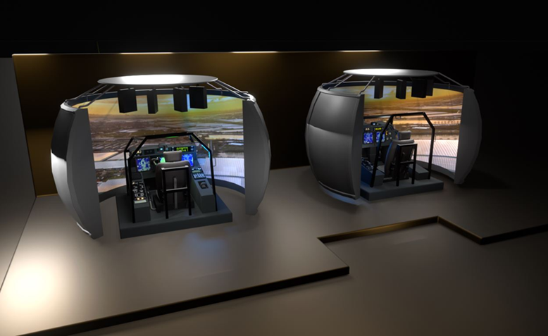 Digitaal ontwerp van twee Apache-cockpit simulators die naast elkaar staan opgesteld. De stoel en bedieningspanelen zijn vanaf de achterkant zichtbaar met daaromheen een virtueel scherm.