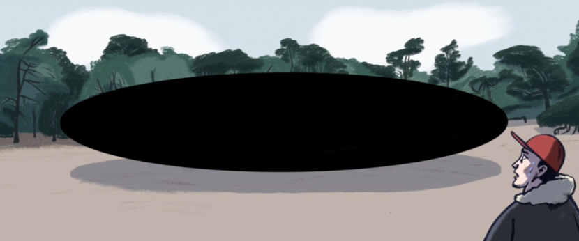 Een tekening van een man met een pet op die een grote zwarte schijf in de verte ziet.