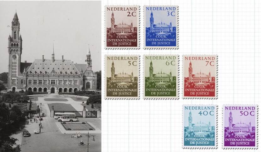 Een serie postzegels van het Vredespaleis.