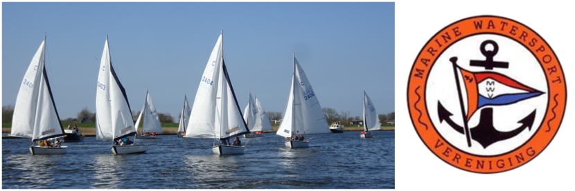 Foto van zeilboten op het Amstelmeer en het logo van de Marine Watersport Vereniging.