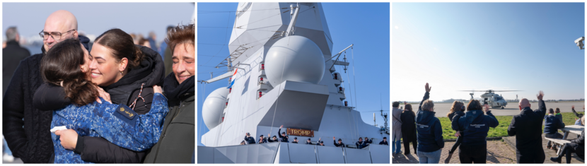 Bemanningsleden van de Tromp en de boordhelikopter zwaaien naar vrienden en familie, terwijl anderen elkaar omhelzen ten afscheid.