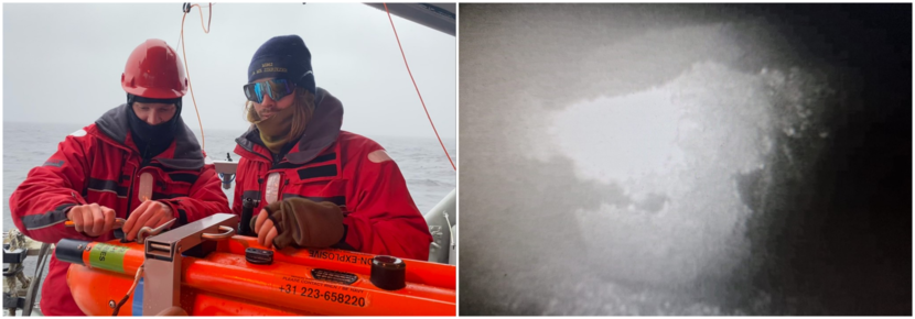 Personeel van de Zierikzee met een onderwaterrobot én een oude mijn op de zeebodem.