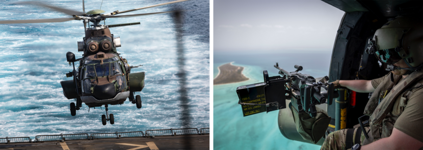 Boordschutter in de Cougar en de Cougar boven het helidek.