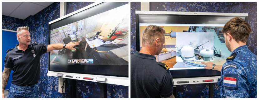 Adjudant TD Pieter Heemskerk klikt op een grote smart-TV die wordt gebruikt tijdens de trainingen. Op de andere foto kijken de adjudant en een collega naar de mogelijkheden op het scherm.