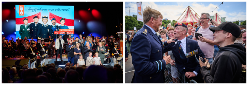 Links: het podium van de Koninklijke Schouwburg vol muzikanten en militairen met daarboven een spandoek van Veteranendag. Rechts: Koning Willem-Alexander hartelijk in gesprek met een veteraan in het publiek.