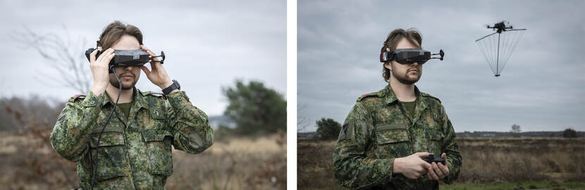 Kanonnier-1 Glenn bestuurt de drone terwijl hij een bril draagt waarmee hij kan meekijken met de ingebouwde camera’s.