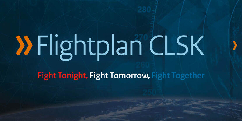 Afbeelding met tekst Flightplan CLSK met daaronder de tekst in rood, wit, blauw Fight Tonight, Fight Tomorrow, Fight Together.