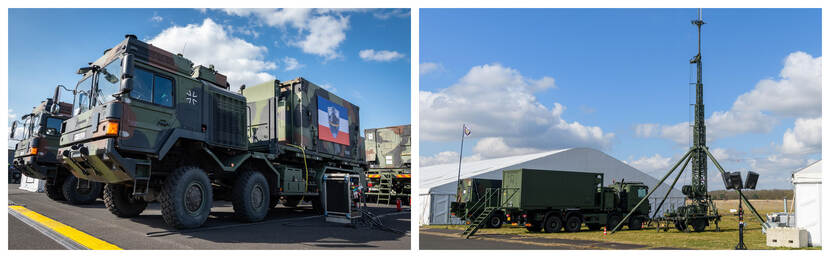 Op een van de foto’s een legertruck van de Duitse Bundeswehr, daarnaast een afbeelding van een zendmast.