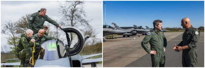 Links: Vier mensen kijken in een cockpit van den Gripen. Rechts: twee mensen staan te praten aan de zijkant van de flightline waar links Rafales staan.