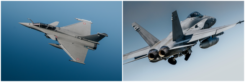 Links: Een Franse Rafale in de lucht. Rechts: Een Finse F/A-18 stijgt op.