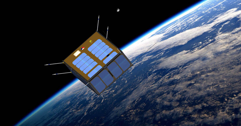 Artists impression van de BRIK-II in een baan om de aarde.