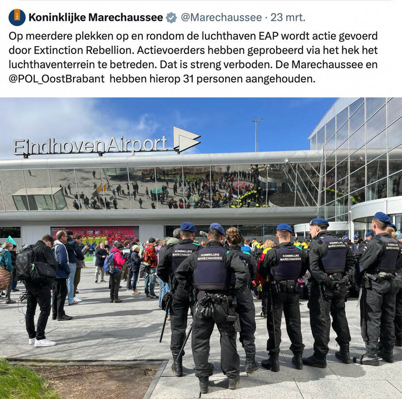 Screenshot van tweet over aanhoudingen tijdens demonstratie Extinction Rebellion.
