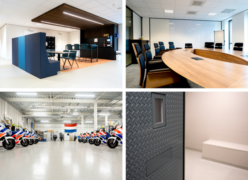 Afbeeldingen van de verschillende ruimtes in het gebouw. Als eerste een koffiecorner, waarin een keuken met koffieautomaat staat en daarnaast een zitruimte met hoge en lage tafels. Daarna een ruimte met een ovaalvormige vergadertafel. Vervolgens een grijskleurige garage met aan weerszijden motoren van de Marechaussee. Aan de muur hangt een grote, Nederlandse vlag. Tot slot een openstaande celdeur met een stenen bankje.