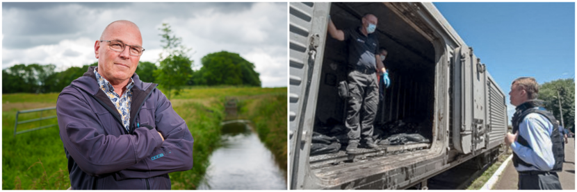 portretfoto van Fred en Fred, met mondkap, in een treinwagon vol slachtoffers.