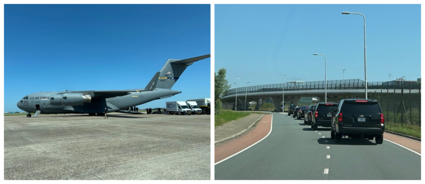 Een Amerikaans transportvliegtuig op Schiphol.  VS: Amerikaanse voertuigen rijden over de weg op Schiphol.