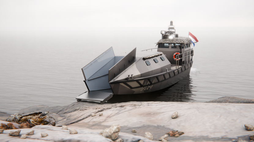 Een donkergrijze LAC vaart vlak langs een rotsachtige oever. De boot heeft een klein stuurhutje, relingen, een landingsklep aan de voorkant en verschillende uitrustingsstukken op het dek.