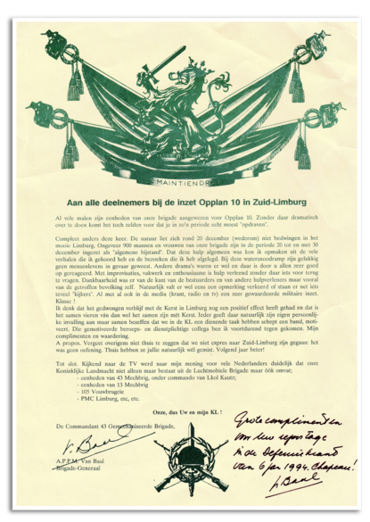 De oorkonde die de deelnemers aan Operatie Wassen Water ontvingen.