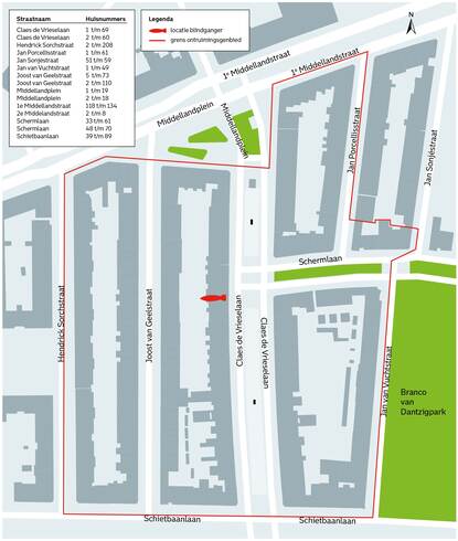 Kaart met daarop afgekaderd het gebied dat wordt ontruimd.